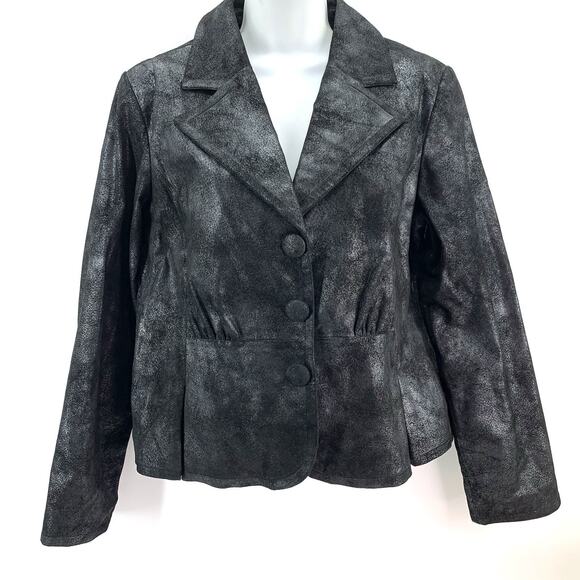 Vintage Suede Blazer Jacket Women Large Black Metallic Wash Peplum Edgy‎ Moto - Picture 1 of 10